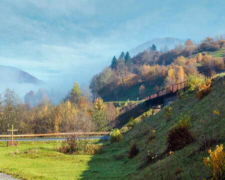 Autumn Carpathian mountains and railroad bridge, Ukraine