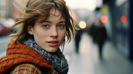 Joyful woman in the city, with brown hair and a captivating smile.