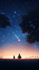 Fototapeta premium Two children sit on grassy ground, gazing up at a breathtaking night sky. Stars twinkle brightly while a shooting star streaks across, illuminating their wonder
