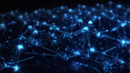 Artificial intelligence network. Abstract image of a digital network illuminated by blue light, showing interconnected nodes and lines on a dark background.