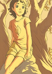A girl sitting by a tree 