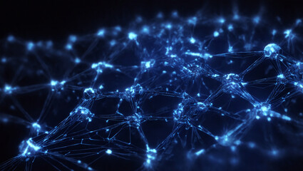 Obraz premium Artificial intelligence network. Abstract image of a digital network illuminated by blue light, showing interconnected nodes and lines on a dark background.