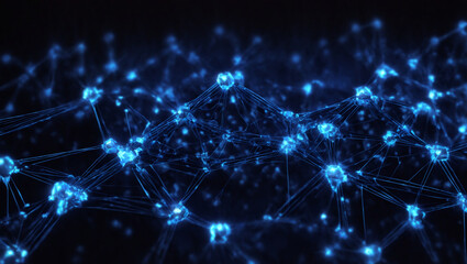 Artificial intelligence network. Abstract image of a digital network illuminated by blue light, showing interconnected nodes and lines on a dark background.
