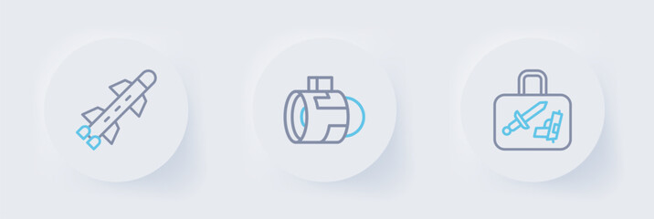 Fototapeta premium Set line Suitcase, Jet engine turbine and Rocket icon. Vector