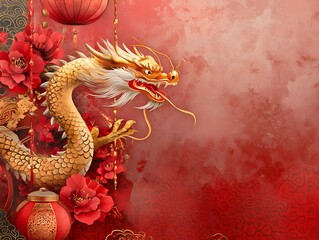 Obraz premium Majestic dragon surrounded by flowers and lanterns in a vibrant red backdrop