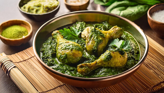 palak chicken or saag murgh grilled chicken in creamy spinach gravy
