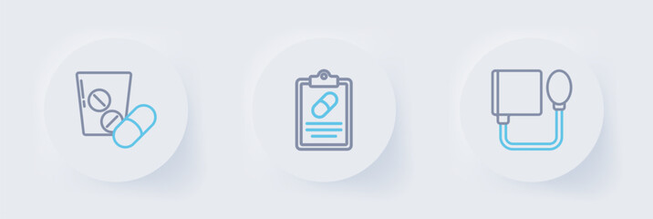 Set line Blood pressure, Medical prescription and Medicine pill or tablet icon. Vector
