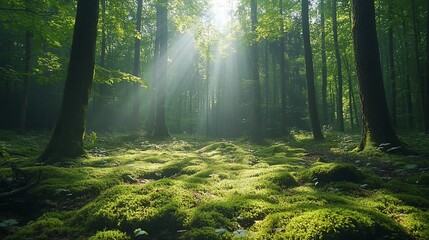 Obraz premium Sunbeams Illuminating a Mystical Forest