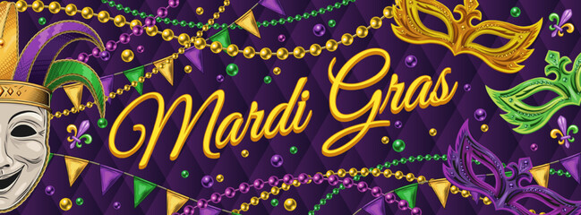 Horizontal carnival poster with half masks, comedy mask in jester harlequin hat, pennants garland, strings of beads, text. Ticket, invitation design for Mardi Gras carnival, party in vintage style