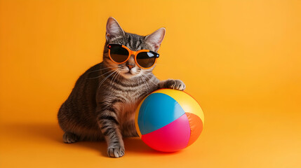 Playful cat wearing sunglasses playing with a beach ball, symbolizing energy and fun, ideal for family-friendly summer ads or travel campaigns