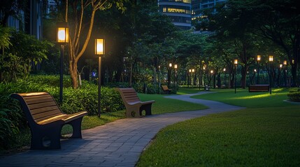 Naklejka premium City park with wooden benches, green trees and grass, lanterns and town buildings on skyline at night. Vector cartoon summer landscape with empty public garden with street lights and seats at evening