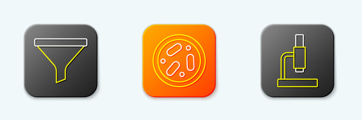 Set line Funnel or filter, Petri dish with bacteria and Microscope icon. Vector