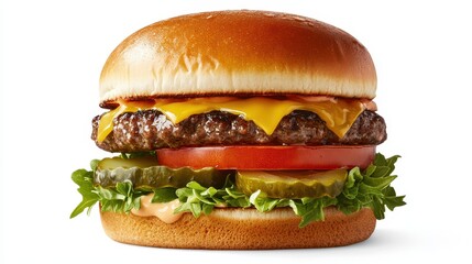 A classic cheeseburger with lettuce, tomato, and pickles on a white isolated background