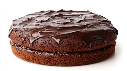 A freshly baked chocolate cake with a rich ganache frosting on a white isolated background