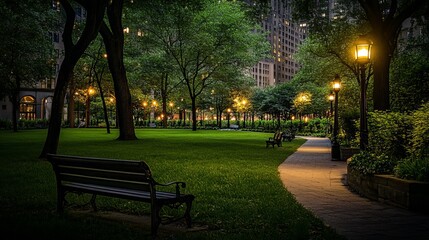 Fototapeta premium City park with wooden benches, green trees and grass, lanterns and town buildings on skyline at night. Vector cartoon summer landscape with empty public garden with street lights and seats at evening
