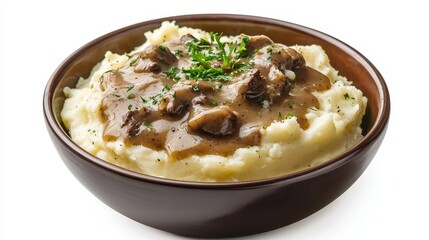 A bowl of creamy mashed potatoes with gravy on a white isolated background