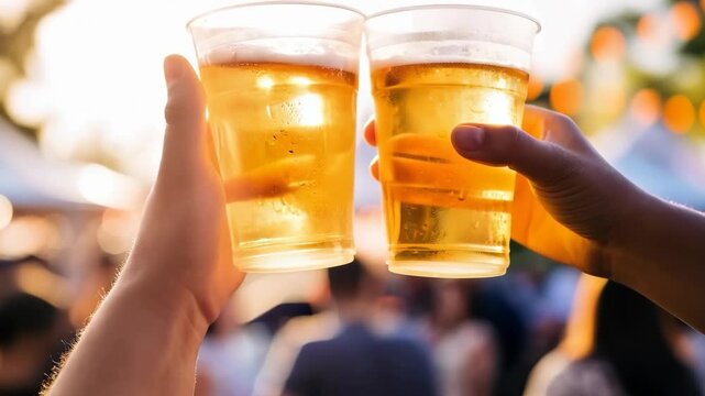 Hands rising plastic cups with fresh beer, enjoying the summer vibes