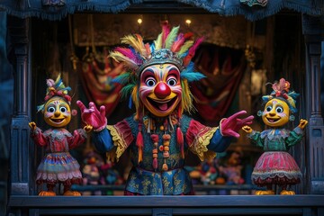 Fototapeta premium Puppeteer skillfully manipulating vibrant puppets in lively performance setting