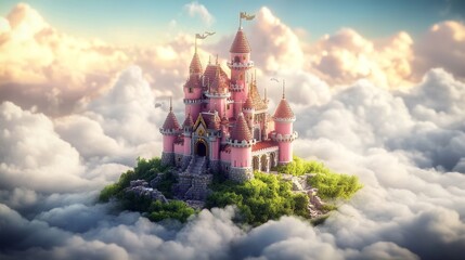 Pink magic castle on floating island in blue sky with fluffy clouds. Fantasy summer landscape with royal palace and flying ground pieces with green grass in heaven, Cartoon vector illustration