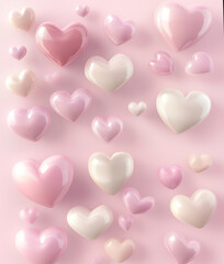 Pastel hearts of various sizes on a light pink background. Generative Ai