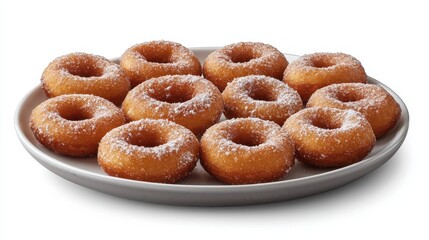 A plate of freshly fried donuts with powdered sugar on a white isolated background