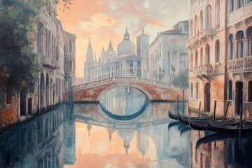 Fototapeta premium Charming venetian landscape canals, bridges, and palaces reflected in tranquil morning waters