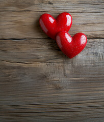 Two red hearts on a wooden background with space for text Ai generated