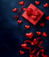 A red box with a red ribbon on a navy blue background, hearts scattered around. Valentines day .Al generated