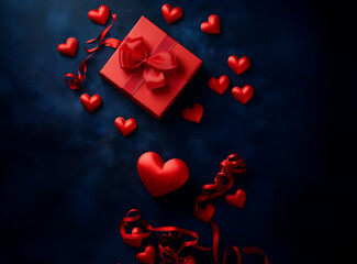A red box with a red ribbon on a navy blue background, hearts scattered around.Valentines day, .Al generated