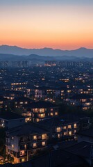 Obraz premium Blurred cityscape at dusk with glowing lights and mountain silhouette.