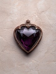 Purple heart-shaped gemstone pendant on beige background