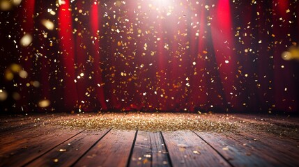 Empty red curtain stage with golden confetti falling on wooden floor with spotlight. Theater, opera scene with drape, concert or cinema grand opening realistic vector portiere for ceremony performance