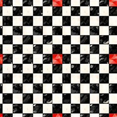 Modern Black and White Checkerboard Pattern with Red Accents - Seamless Tile