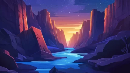 Fototapete Rund Mountain river in canyon at night. Vector cartoon landscape of nature park, water stream in gorge with stone cliffs and rocks. Grand canyon national park in Arizona © ImageKing