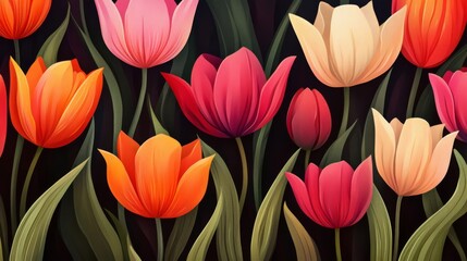 Colorful Tulips Blooming in Dark Background