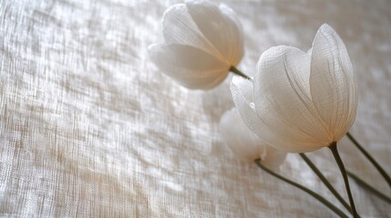 Delicate White Paper Tulips Resting on Soft Fabric
