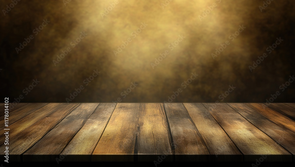 Aufkleber wooden table with a brown background and a spotlight illuminating one side, creating a stage-like at