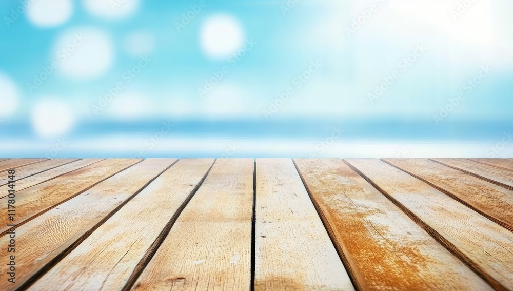 Aufkleber empty wooden tabletop with a blurred blue sea and sky background, featuring a summer concept perfect