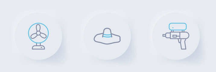 Set line Water gun, Elegant women hat and Electric fan icon. Vector
