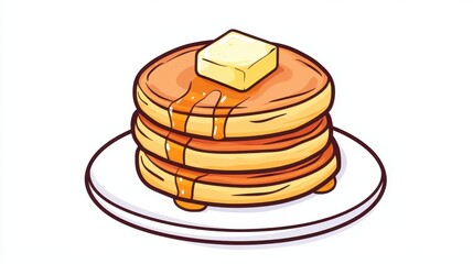 A stack of fluffy pancakes with a drizzle of syrup and a pat of butter on a white isolated background