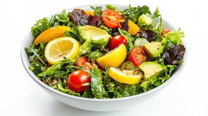 A fresh bowl of quinoa salad with avocado, tomatoes, and lemon dressing on a white isolated background
