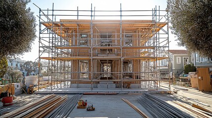  House under renovation with metal scaffolding covering the exterior, steel pipes and wooden planks forming a grid around the structure, emphasizing repair and construction work.
