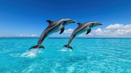 Two dolphins leaping out of the turquoise water