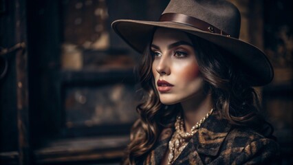 Happy young model in hat. Outdoor photo.