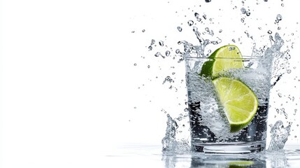 A refreshing glass of sparkling water with lime wedges on a white isolated background