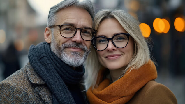 Happy senior couple wearing warm clothes smiling outdoors in winter city