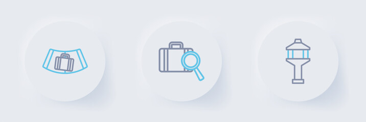 Set line Airport control tower, Lost baggage and Conveyor belt with suitcase icon. Vector