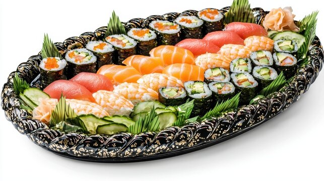 A sushi platter with assorted rolls including tuna, salmon, and cucumber on a white isolated background