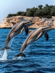 Obraz premium Two dolphins leaping out of the water