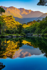A lake in the middle of a forest with mountains in the background